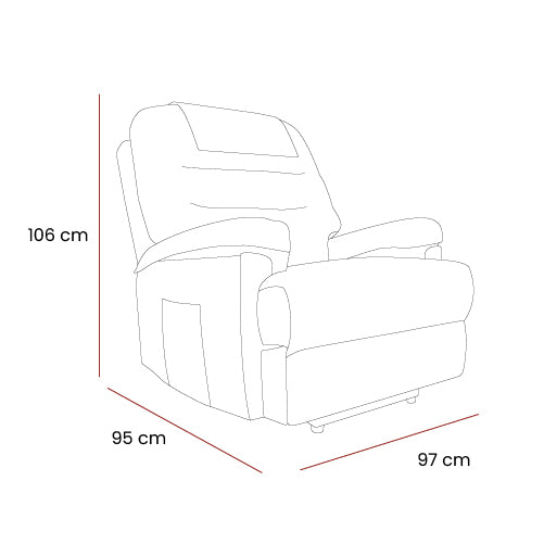 Line drawing of the Alberta Rise & Recliner chair showing dimensions 106cm high, 95cm deep, and 97cm wide.