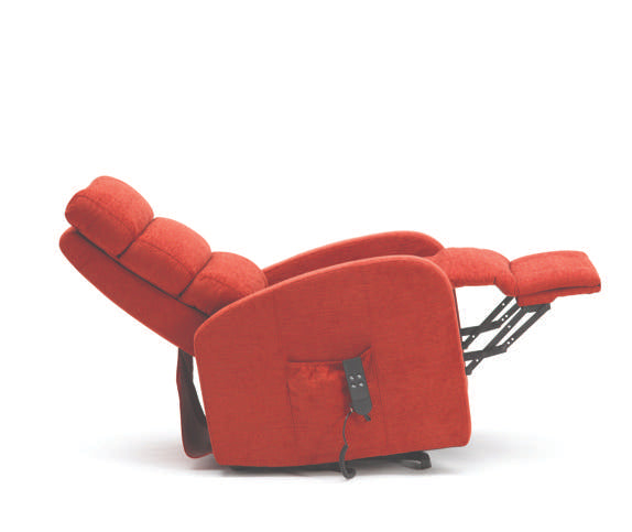 Red Eden Essential Riser Recliner chair with soft chenille fabric, single motor, and extended footrest for comfort and style.