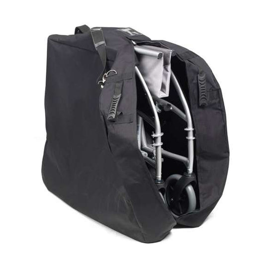 Black bag with a wheelchair inside on a white background. Wheelchair storage bag.