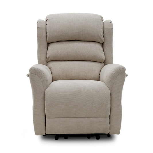Cream Sanford Rise and Recliner with dual motor, padded cushions, and soft fabric upholstery for comfort and support