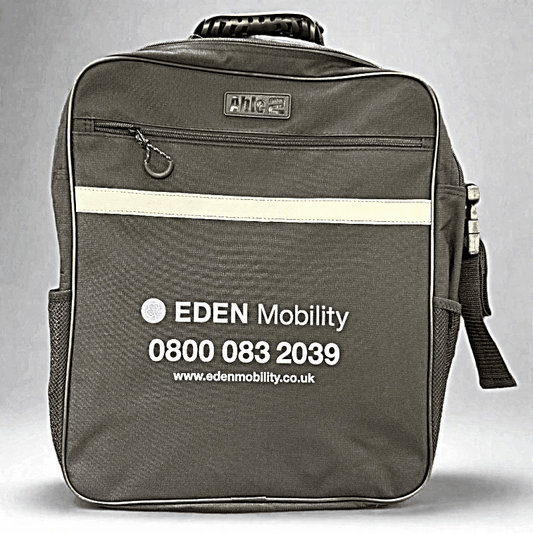 black scooter bag backpack with Eden Mobility branding on a grey background