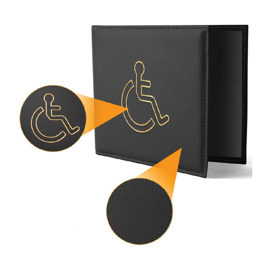 Black leather Blue Badge Parking Wallet with gold disability symbol and textured close-up on white background
