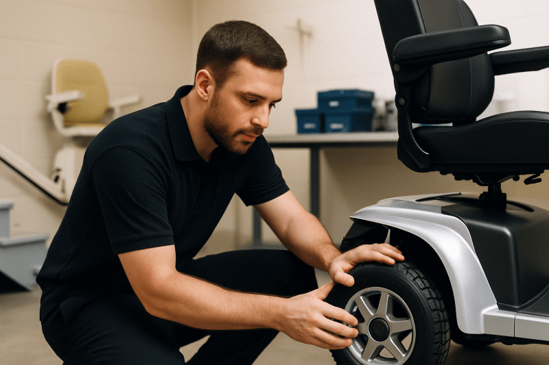 A man servicing a mobility scooter