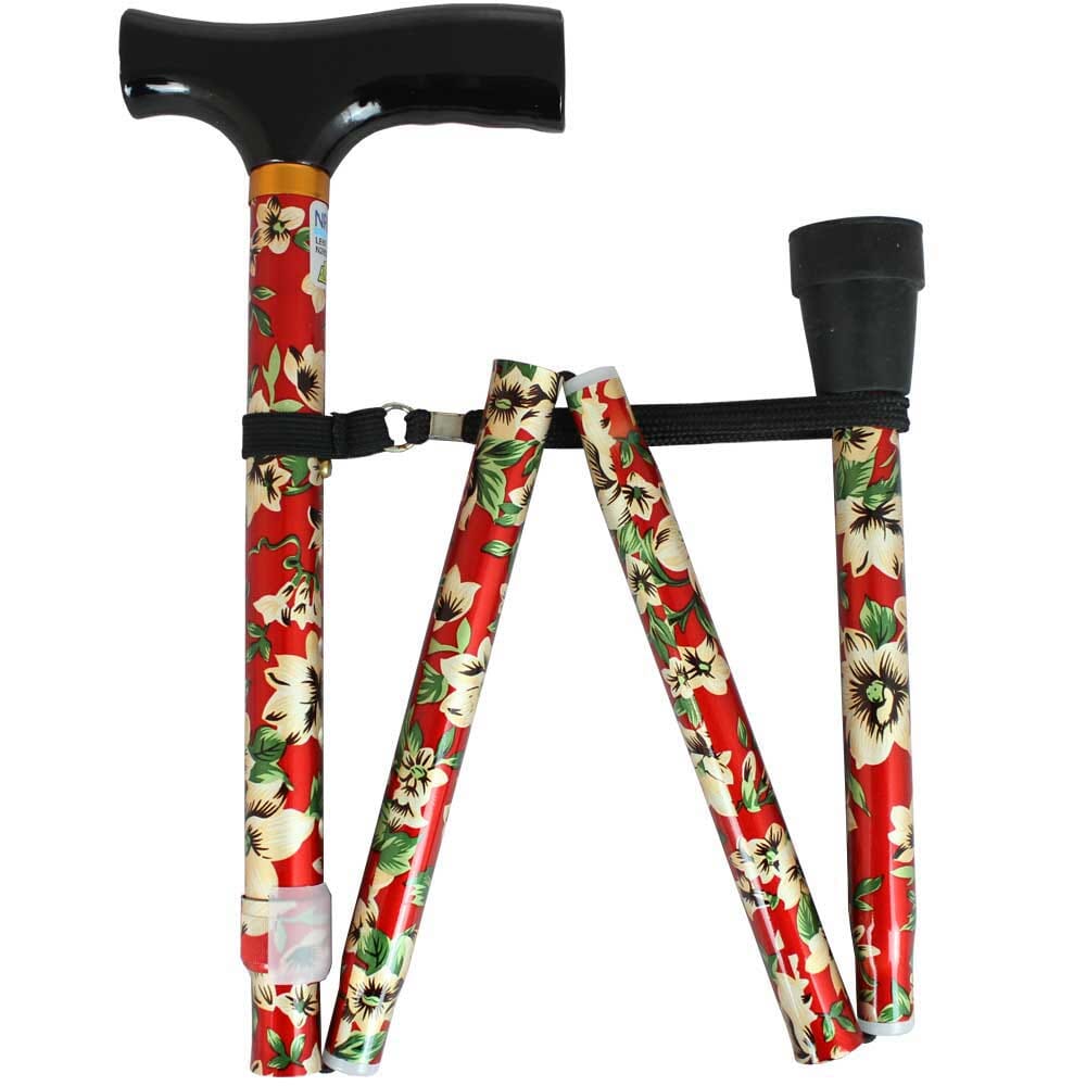 Nrs Folding Walking Stick-Red Floral - Eden Mobility