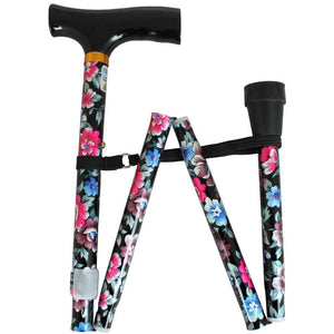 Nrs Folding Walking Stick-Black Floral - Eden Mobility