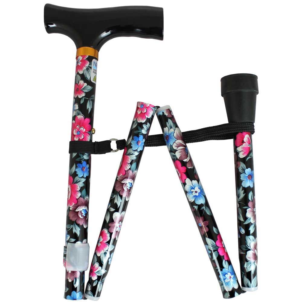 Nrs Folding Walking Stick-Black Floral - Eden Mobility