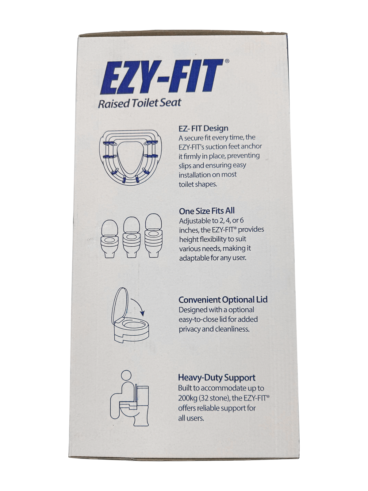 Packaging of EZY-FIT height adjustable raised toilet seat with features like secure fit, adjustable height, optional lid, and heavy-duty support.