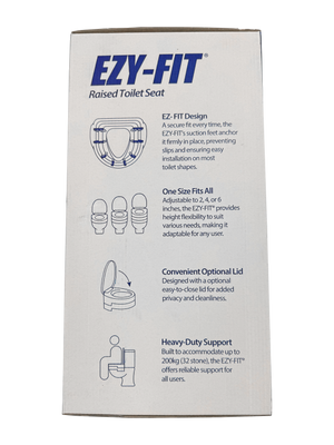 Packaging of EZY-FIT height adjustable raised toilet seat with features like secure fit, adjustable height, optional lid, and heavy-duty support.