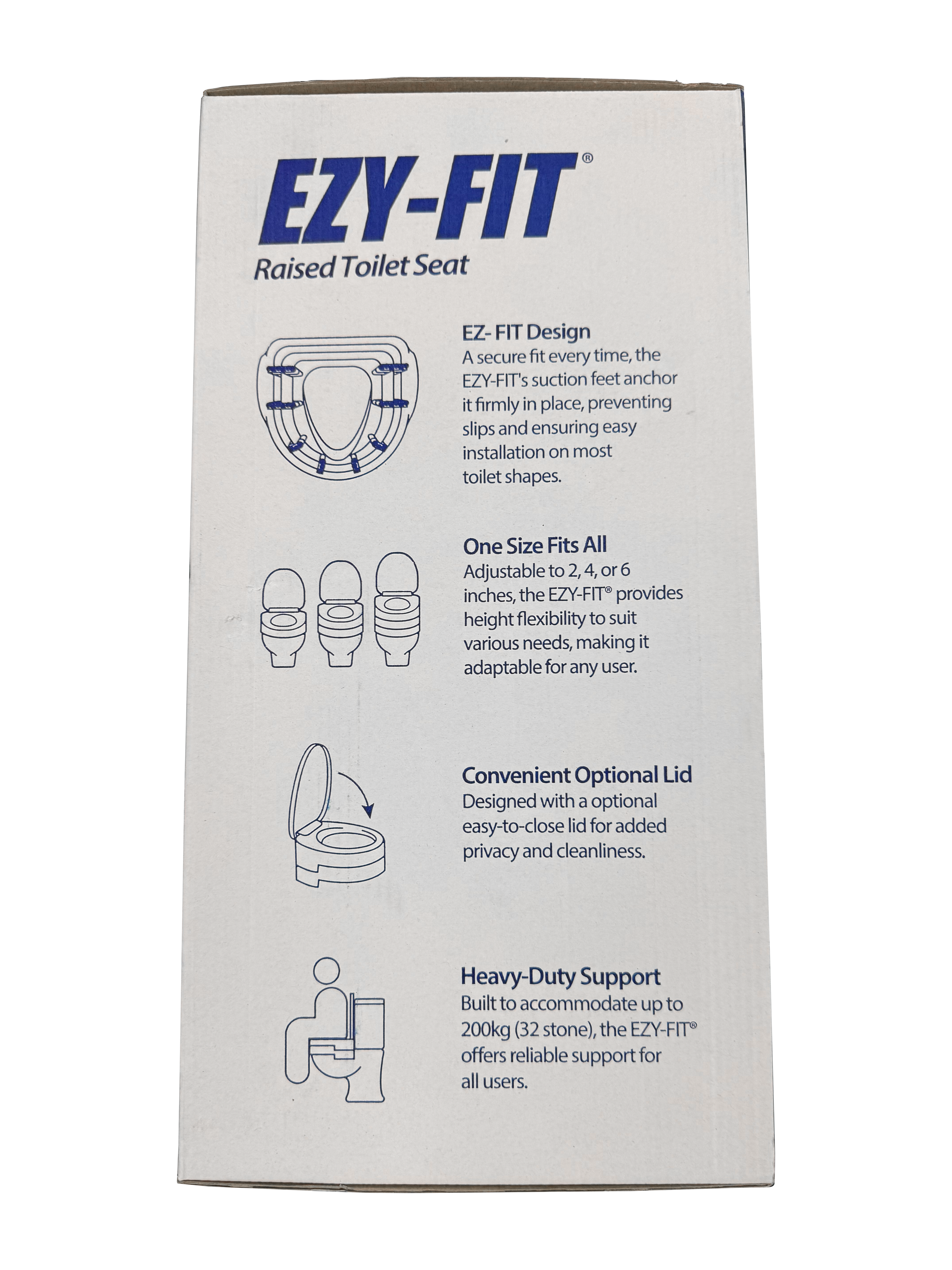 Packaging of EZY-FIT height adjustable raised toilet seat with features like secure fit, adjustable height, optional lid, and heavy-duty support.