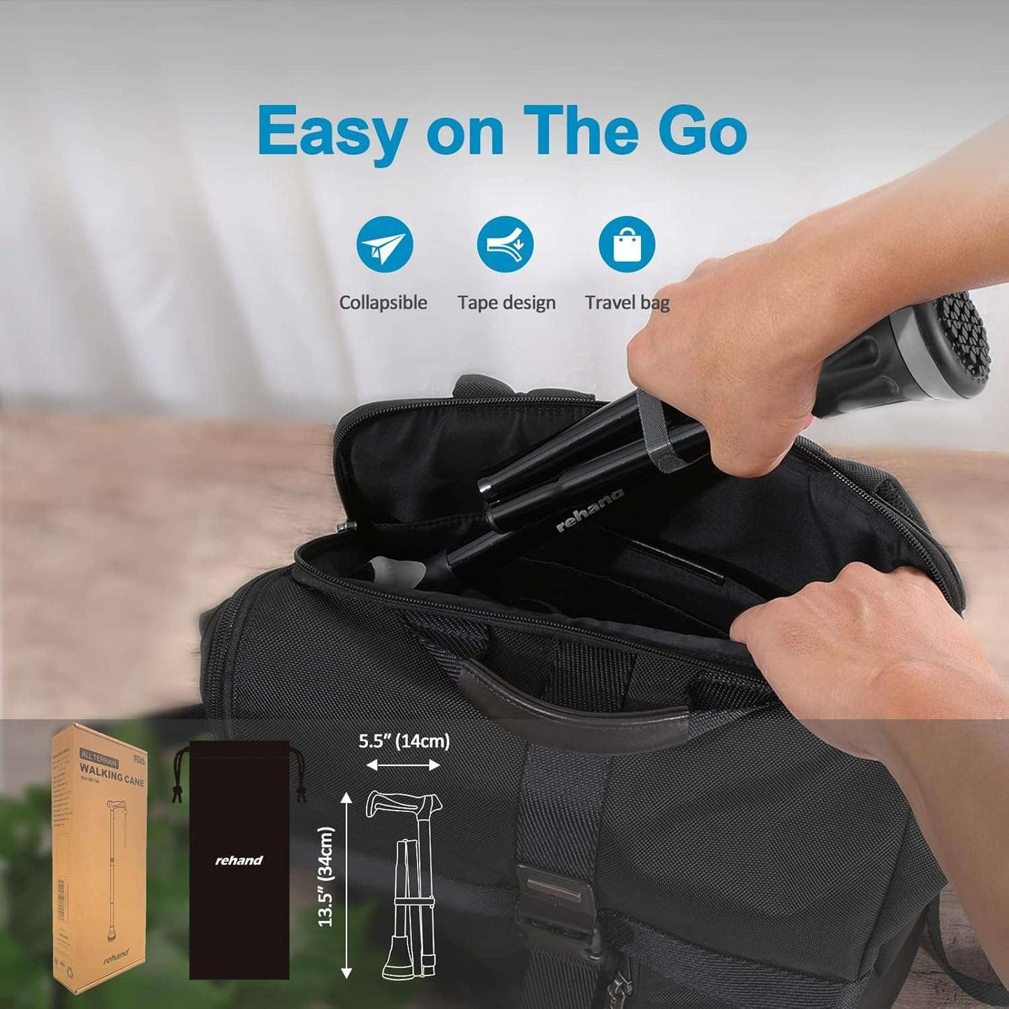Rehand Height Adjustable, Folding Walking Stick | Air Cushion & Wide Base - Eden Mobility