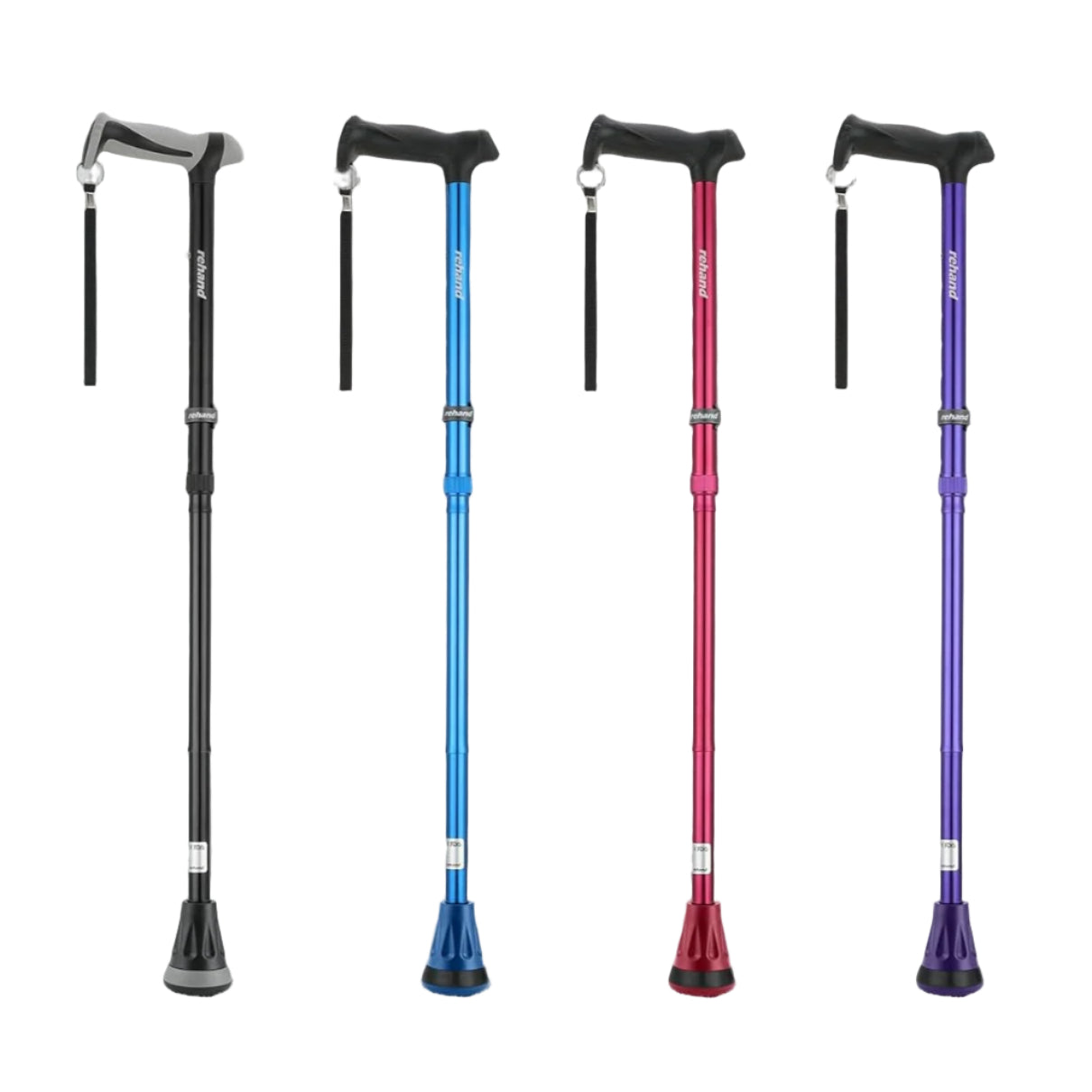 Four walking sticks in different colors on a gray background with 'rehand' branding.