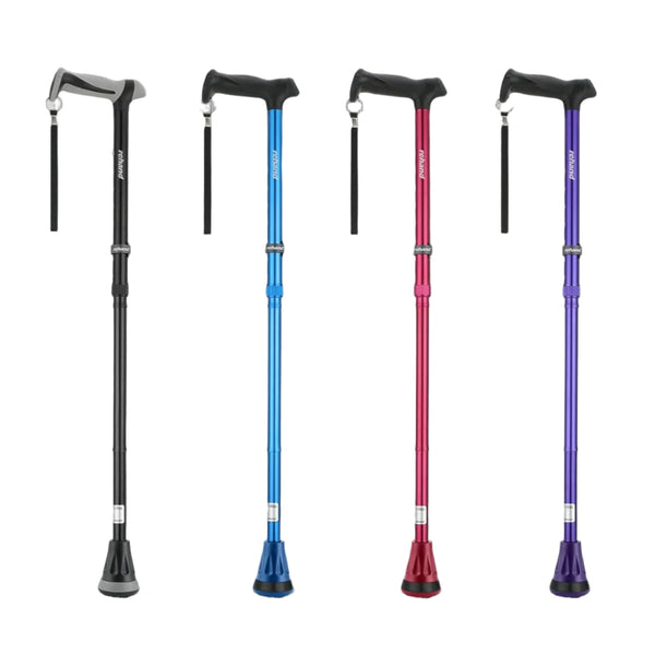 Four walking sticks in different colors on a gray background with 'rehand' branding.
