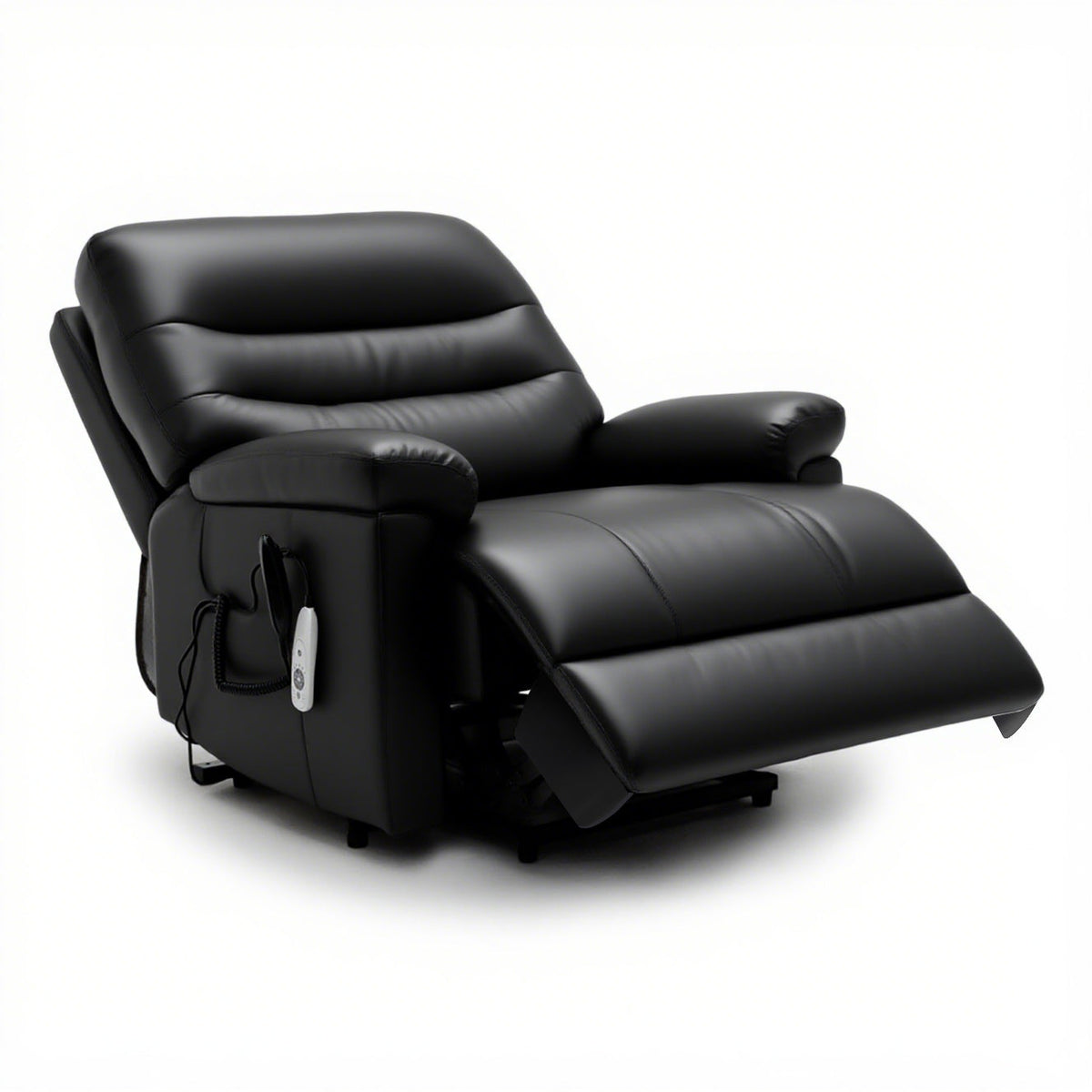 Black extra wide Alberta Rise and Recliner chair with dual motor, heated massage feature, and remote control on white background