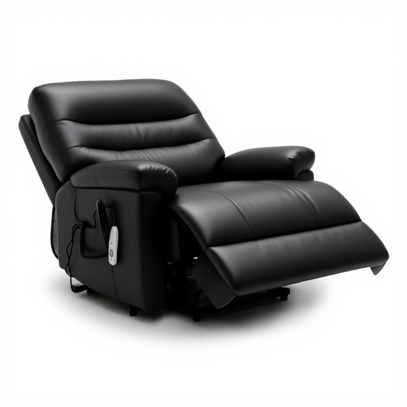 Black extra wide Alberta Rise and Recliner chair with dual motor, heated massage feature, and remote control on white background