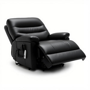 Black extra wide Alberta Rise and Recliner chair with dual motor, heated massage feature, and remote control on white background