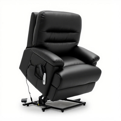 The Alberta Rise & Recliner chair in black leather with dual motor and remote control for comfort and support