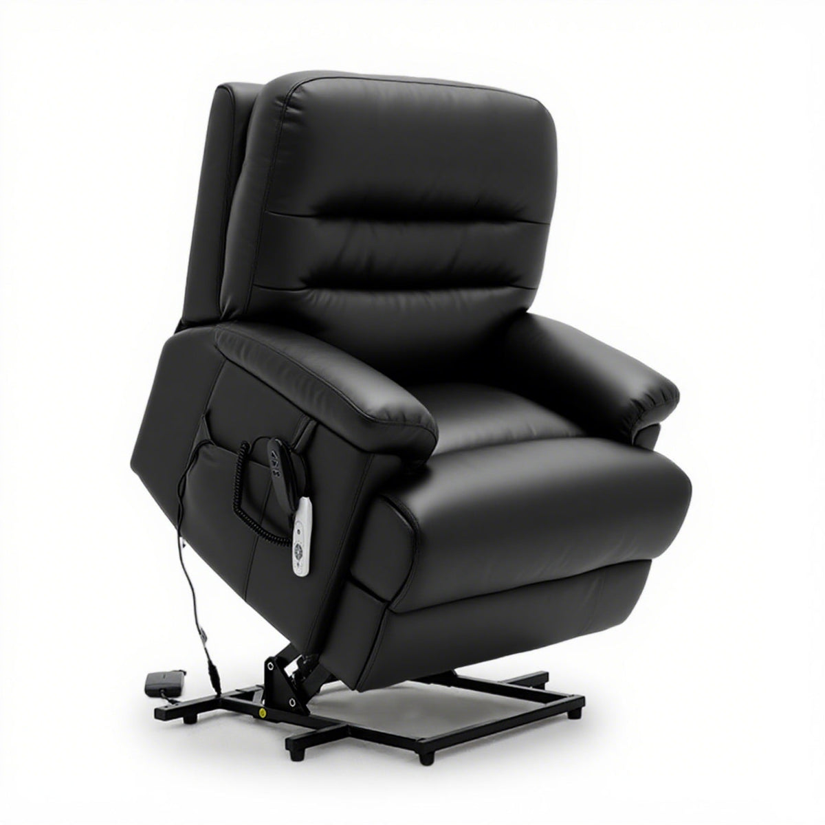 The Alberta Rise & Recliner chair in black leather with dual motor and remote control for comfort and support