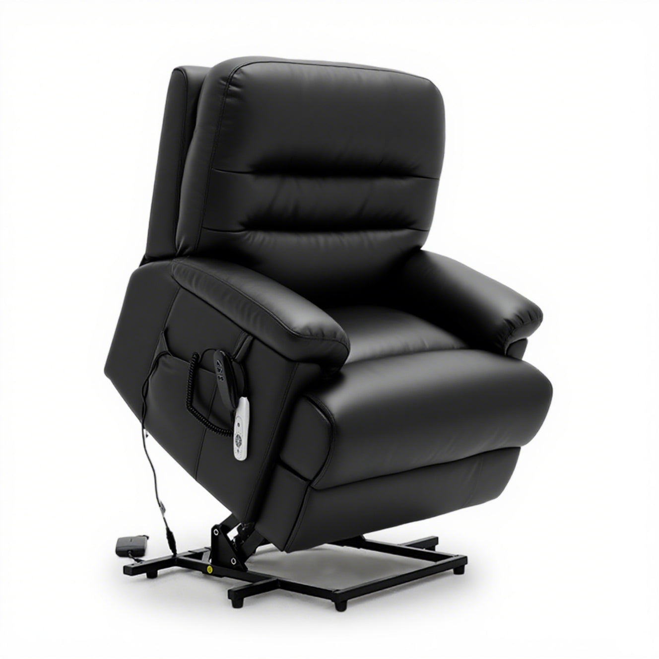 The Alberta Rise & Recliner chair in black leather with dual motor and remote control for comfort and support