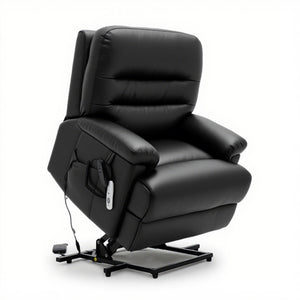 The Alberta Rise & Recliner chair in black leather with dual motor and remote control for comfort and support