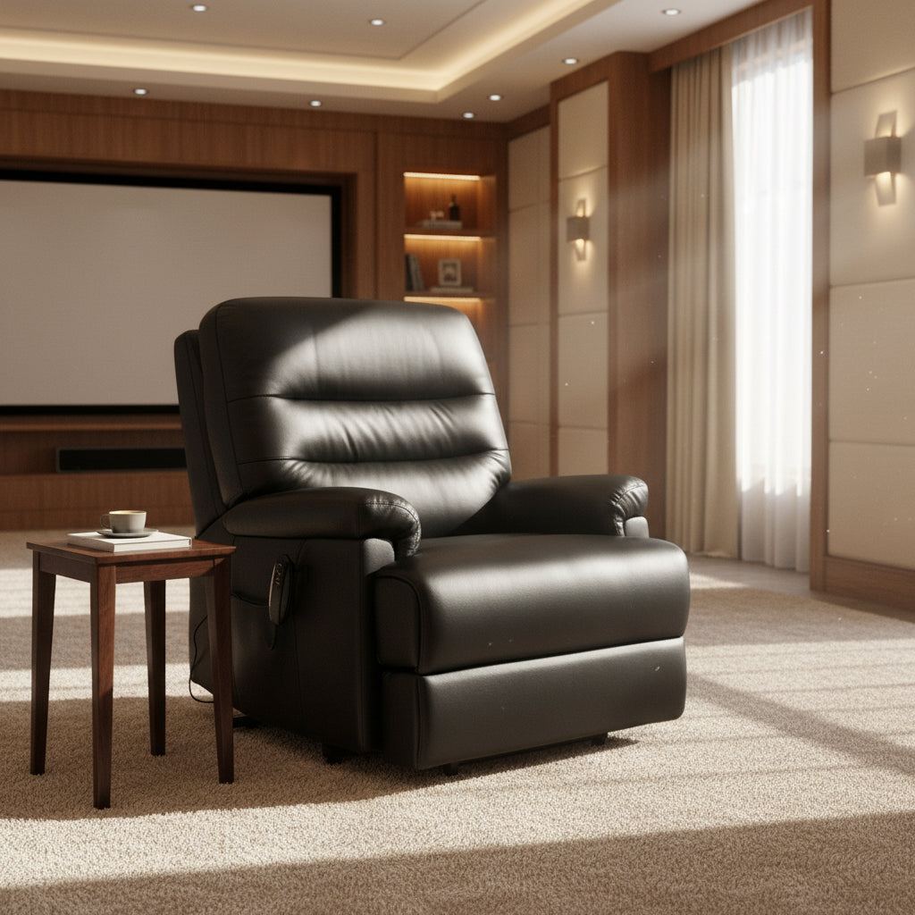Extra wide black leather Alberta Rise & Recliner chair with dual motor in modern living room setting