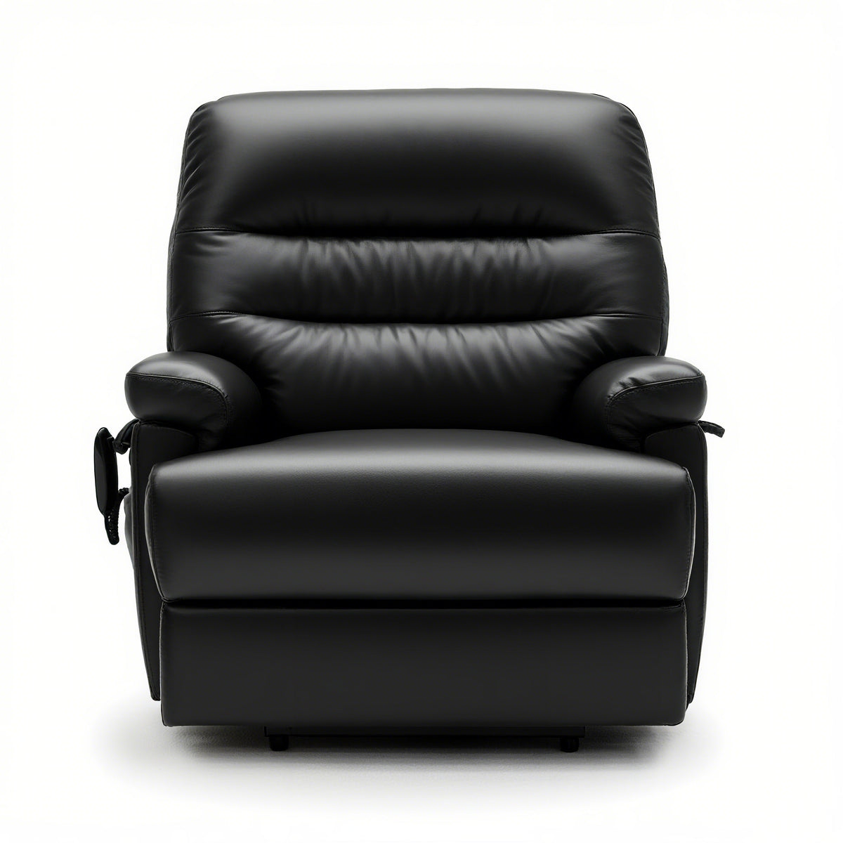 Black extra wide Alberta Rise & Recliner chair with dual motor, plush cushioning, and smooth leather upholstery.