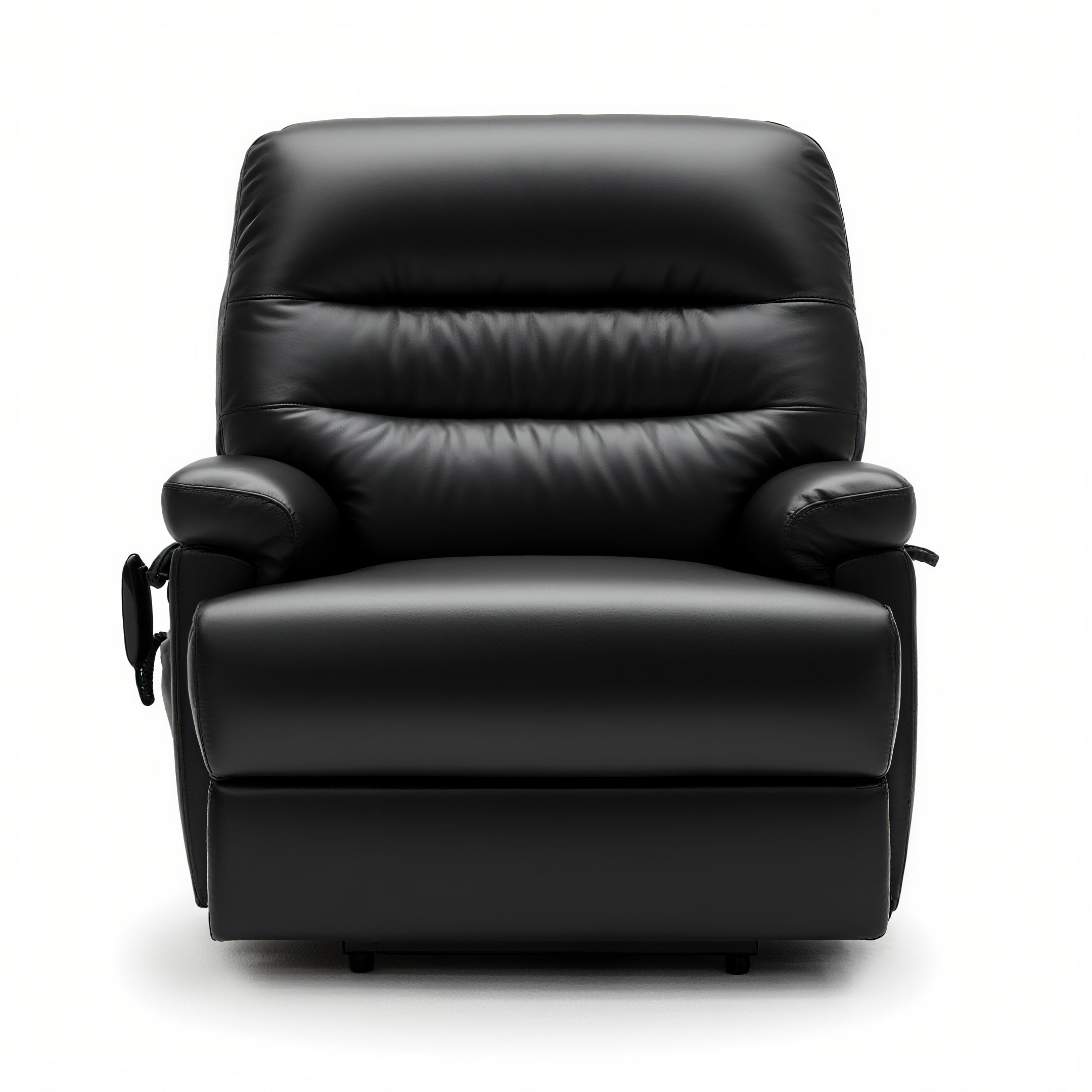 Black extra wide Alberta Rise & Recliner chair with dual motor, plush cushioning, and smooth leather upholstery.