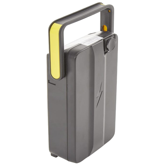 Compact removable battery pack with handle for the Eden Essential Aura 4mph Boot Mobility Scooter, black and yellow design