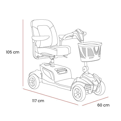 Line drawing of the Eden Essential Aura 4mph mobility scooter with seat, basket, and dimensions shown.
