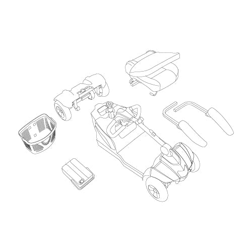 Exploded view line drawing of The Eden Essential Aura 4mph Boot Mobility Scooter showing all key components and parts.