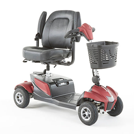 The Eden Essential Aura 4mph mobility scooter with comfortable seat, basket, and durable wheels for easy transport.