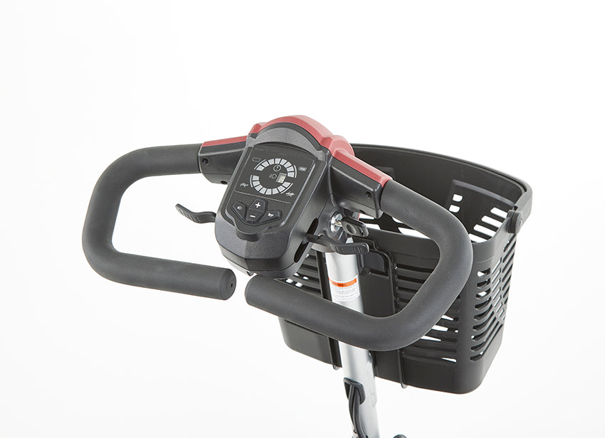 Close-up of The Eden Essential Aura mobility scooter handlebar with control panel and front basket on white background