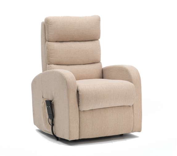 Eden Essential Riser Recliner in soft beige chenille fabric with smooth rise and recline, single motor option shown.