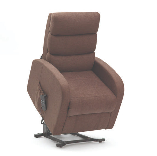 Brown Eden Essential riser recliner chair with soft chenille fabric and remote control on white background