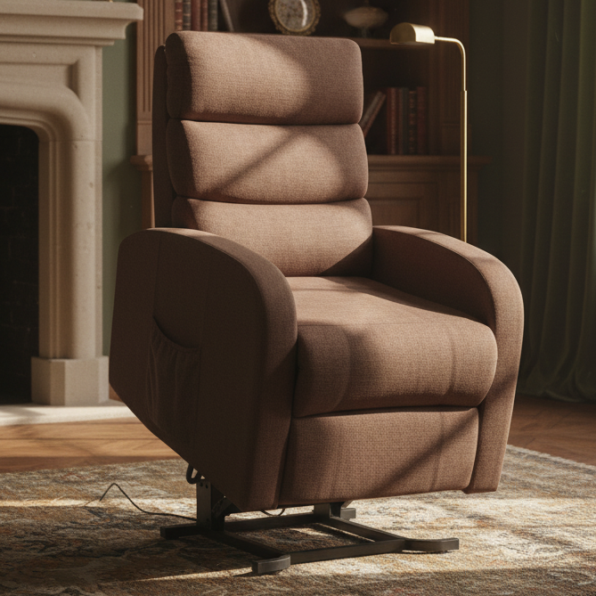 Brown Eden Essential Riser Recliner chair upholstered in chenille fabric with smooth rise and recline functions in a cozy living room.