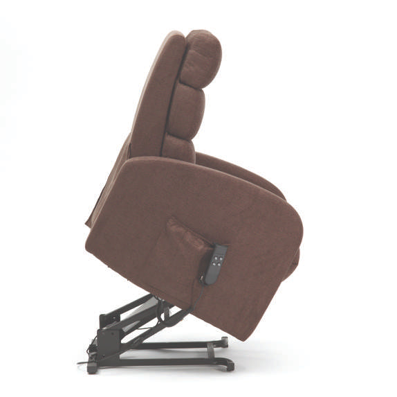 Brown Eden Essential Riser Recliner chair upholstered in soft chenille fabric with rise and recline function shown mid-lift