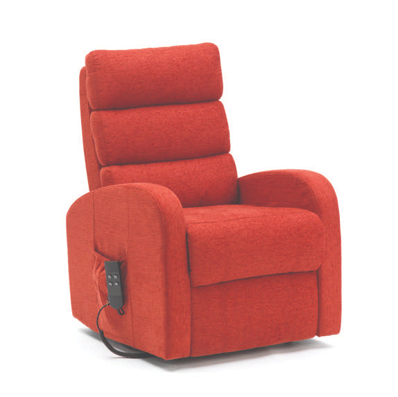 Red Eden Essential Riser Recliner chair upholstered in soft chenille fabric with remote control beside armrest.