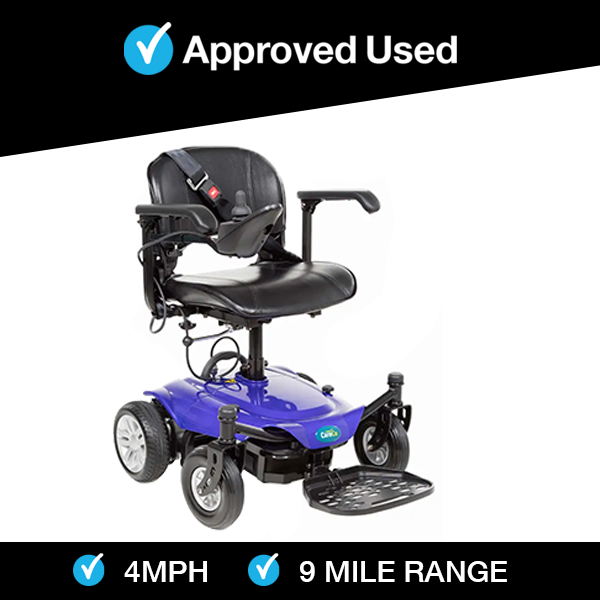 Purple Careco Fenix powerchair with black seat and armrests on a white background with approved used badge