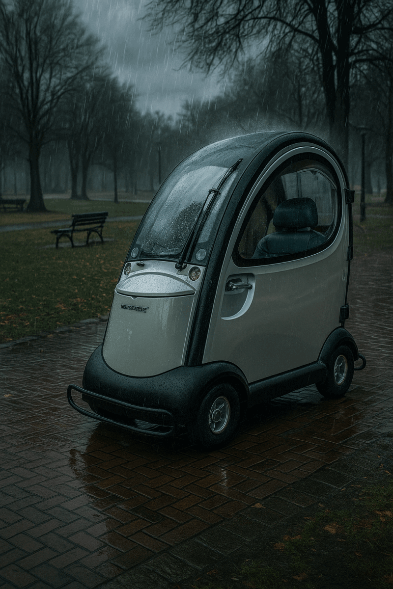 Shoprider Traveso Cabin 8mph Mobility Scooter Outside in th e rain.