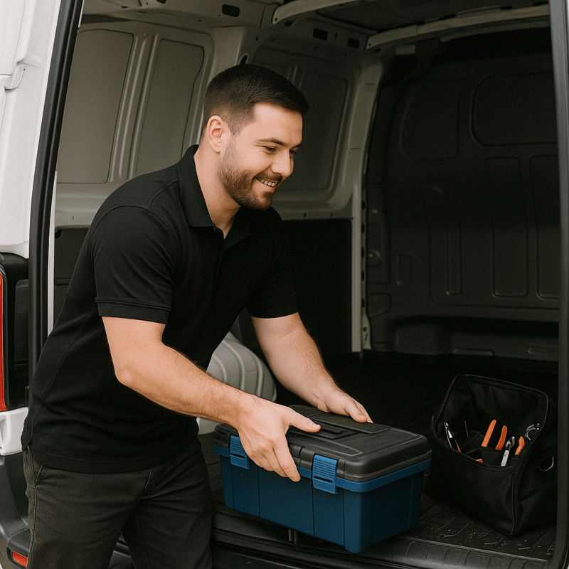 A man unloading his tools