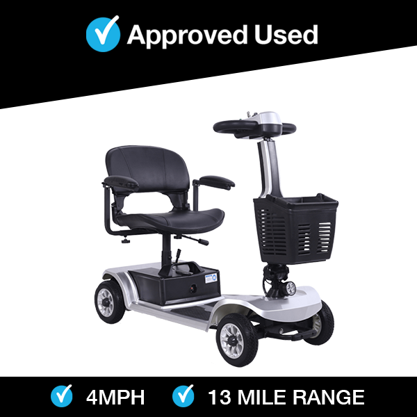 Silver Cruise Rider mobility scooter with padded seat and front basket, approved used model, 4MPH speed, 13-mile range