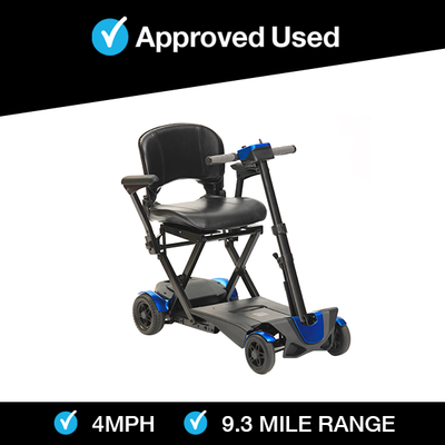 Blue Drive Auto Fold scooter with black seat, compact design, and 9.3 mile range, approved used model on white background.