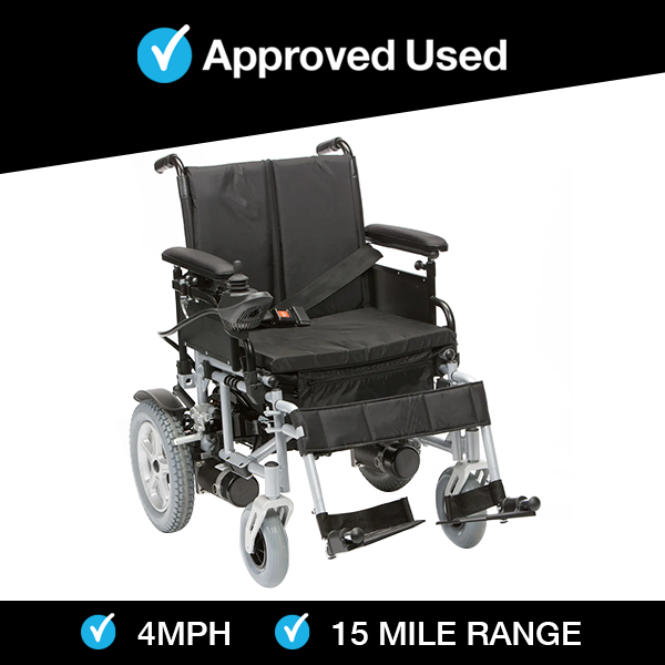 Refurbished grey Drive Cirrus powerchair with black seat, joystick control, footrests, and durable wheels on a white background