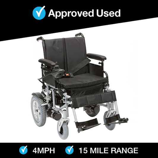 Refurbished grey Drive Cirrus powerchair with black seat, joystick control, footrests, and durable wheels on a white background