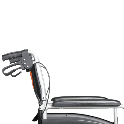 Black and silver manual Excel Access Transit wheelchair on a white background