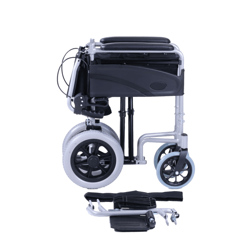 Black and silver manual Excel Access Transit wheelchair on a white background