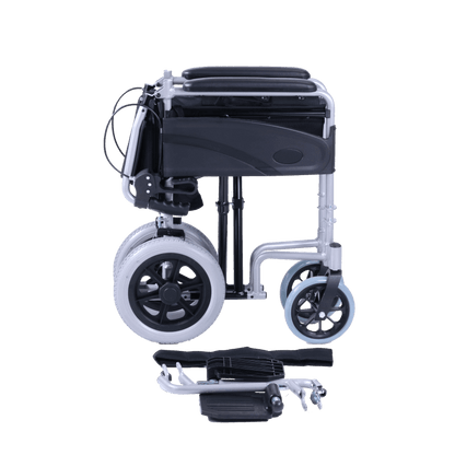 Black and silver manual Excel Access Transit wheelchair on a white background