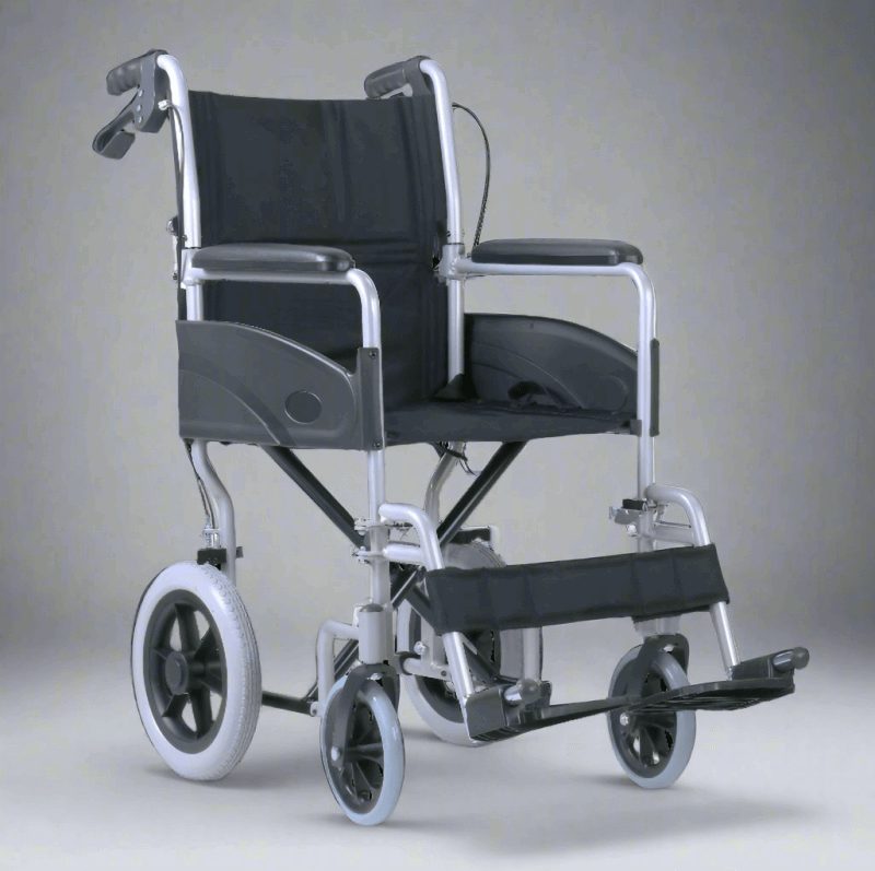 Black and silver manual Excel Access Transit wheelchair on a white background