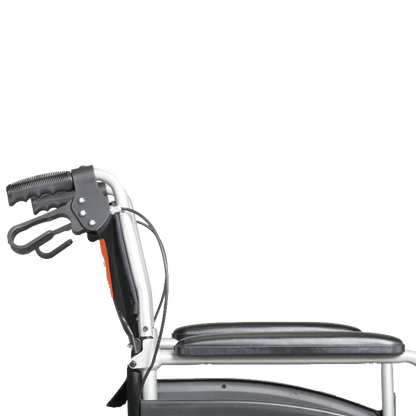 Black and silver manual Excel Access Transit wheelchair on a white background
