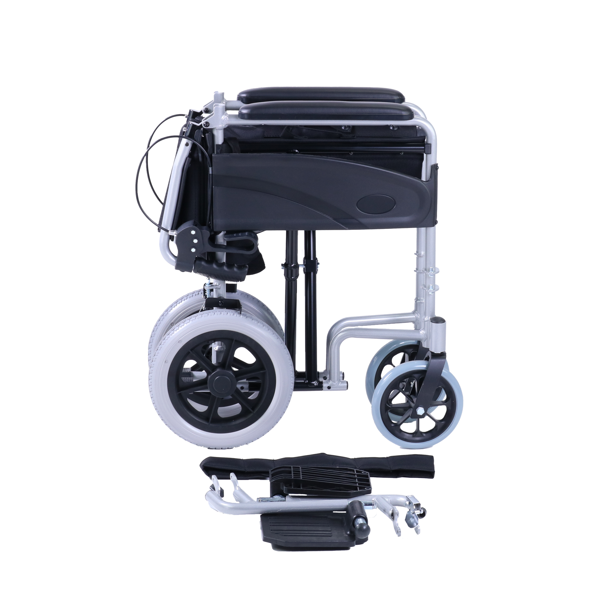 Black and silver manual Excel Access Transit wheelchair on a white background