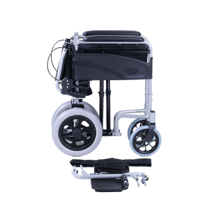 Black and silver manual Excel Access Transit wheelchair on a white background
